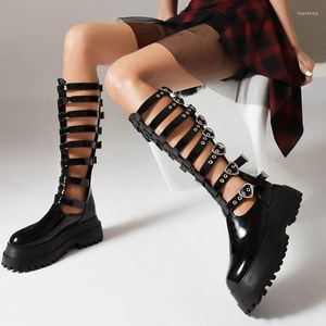 Sandaler ippeum Women Platform Gladiator Black Punk Dress Shoes Summer Hollow Belt Gothic Kne High Boots