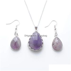 Ohrringe Halskette Baumeln Anhänger Modeschmuck Set Für Frauen Natürliche Tropfen Amethyst Rosenquarz Opal Stein Perlenkette 45 cm Bq Dhahx