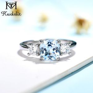 Rings Kuololit 925 Sterling Silver Aquamarine Gemstone Women's Ring Girls Luxury WeddingWholesale Silver 925 Jewelry Band for Part