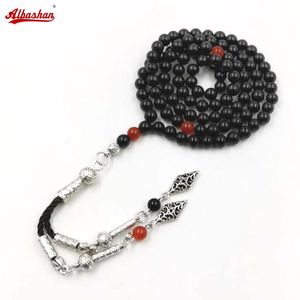 Bracelets Tasbih Natural Black Agate Stone 99 Beades 6mm com Redes de Oração Muçulmana Vermelha Colar de Jóias Islâmicas do Colar de Jóias Eid Misbaha