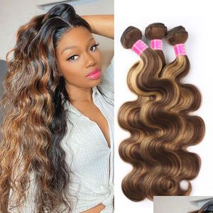 Hair Wefts Brazilian Ombre 3 Bundles Body Wave Human P4/27 Brown With Highlight Color Remy Weaves 100G/Pcs Drop Delivery Products Ext Dhpps
