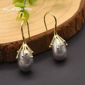 Knot Glseevo 925 Sterling Silver Natural Fresh Water Grey Pearl Earrings for Women Girl Engagement Ear Pin Korean Jewelry GE0335D