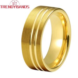 Anéis de ouro 8mm anéis de casamento de carboneto de tungstênio para homens mulheres bandas de noivado offset duas ranhuras acabamento escovado ajuste confortável