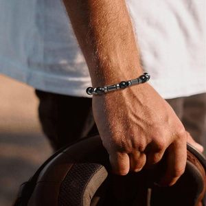 Link Bracelets Mens Hematite Beads Chain Gift Jewelry 8MM Black Beaded Elastic Wristband Pulseira Masculina