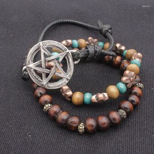 Strand Retro Style Wood Beads Simple Pentagram Трехприновый браслет мужчины и женщины с бисером