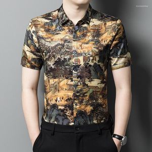 Men's Casual Shirts Chinese Style Real Silk Men Shirt 3D Print Short Sleeved Fashion Summer Quality Smooth Comfortable Slim Chemise Homme