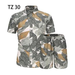남성용 트랙 슈트 2023 여름 외국 무역 프린트 짧은 슬리브 셔츠 얇은 하와이 해변 캐주얼 반바지 2 피스 세트