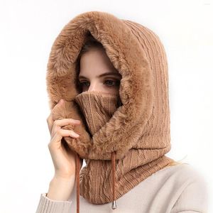 Cycling Caps Women Fleece Hats Scarf Mask Drawstring Warm Hooded Winter Balaclava Pullover Knitted Hat Cashmere Neck Plush Fluffy Beanies