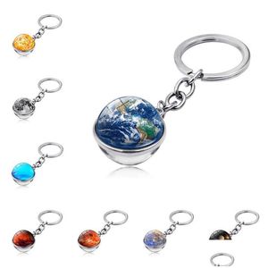 Keychains Lanyards Solar System Double Sided Glass Ball Keychain Pendant Moon Earth Mars Key Chain Car Bag Decoration Metal Keyrin Dhmdd