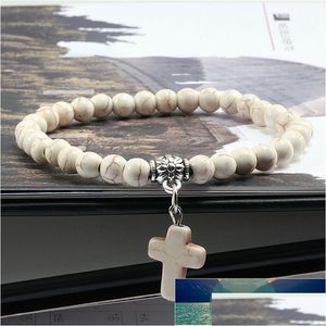 Pärlstav vintage cross naturlig sten 6mm pärlor armband charm män blå turkois hängande strand armband armband kvinnor fashi dhgarder dhzuj