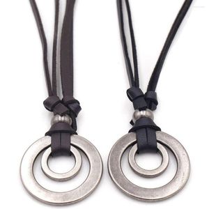 Kedjor 2st Fashion Coffee Black Vintage Double Circle Halsband Justerbar läderkabel hängande smycken män kvinnor