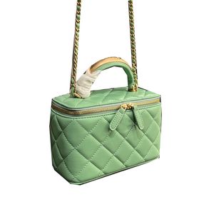 23ss Womens Green Designer Lambskin Vanity Box Bags com espelho Top Metal Handle Totes Classic Mini Card Holder Gold Cosmetic Case277R