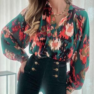 Blusas femininas sexy v pescoço lanterna lanterna mulher casual boho moda lose estampa floral tops long long retro camisetas elegantes senhora