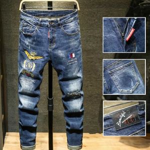 New Contract Contrat Men's Open Front Blue Bordado Elastic Small Jeans Fashion Street Casual Pants P230522