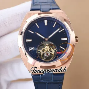 New 42.5mm Overseas Tourbillon 6000V/110A-B544 A2813 Automatic Mens Watch Blue Dial Rose Gold Case Blue Leather Strap 6000V Sport Gents Watches TWVC Timezonewatch