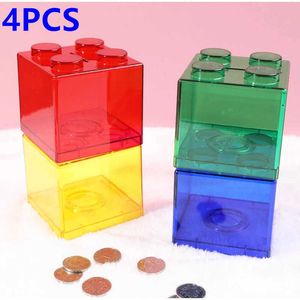 装飾的なオブジェクトの置物4pcs/setビルディングブロックボックス保存ボックス透明なプラスチックブロックピギーバンクコインストレージケースキッドトイギフトチェンジボックスG230523