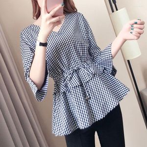 Women's Blouses Checkered Shirt Women 2023 Spring And Autumn Vintage Hong Kong Fashionable Waist Closing Slim Small Blouse Female Top