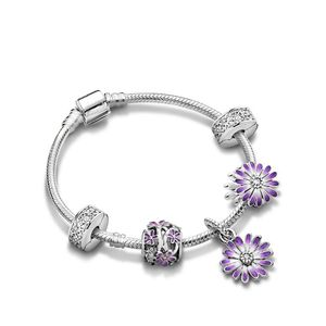 Bangle S925 Silver Color Moments Purple Flower Charms Armband för kvinnor Diy Flower Pärlor Armband Femme Luxury Jewelry Gifts