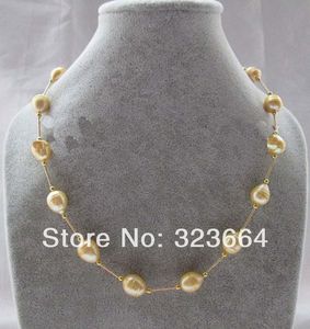 Necklaces Beautiful 18" 13mm golden baroque rice freshwater pearl necklace