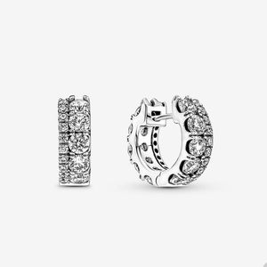 Double Band Pave Hoop Earrings for Pandora Authentic Sterling Silver Party Jewelry designer Earring For Women Mens Crystal diamond Circle earring with Original Box