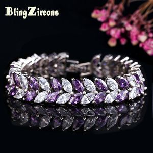 Bangle Beaqueen Big Leaf Shape Purple and White Cubic Zircon Crystal Bridal Armband Silver Color Wedding Jewellery for Women B009