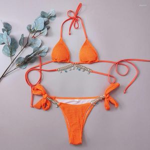 Women's Swimwear Solid Orange Swimsuit Woman 2023 Sexy Luxury Diamond Bikini Lace Up Thong 2 Piece Backless Beach Bathing Suit YSM230359