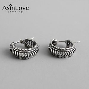 Huggie AsinLove Vintage Real 925 Sterling Silver Braided Twist Circle Ladies Earrings Small Loop Hoops Earrings for Female Fine Jewelry