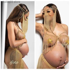 Maternity Dresses Creative Tassel Dress Body Chain Mask Maternity Photography Props Head Trim Exaggerated Sexy Bra Skirt Pregnancy Woman Shooting T230523