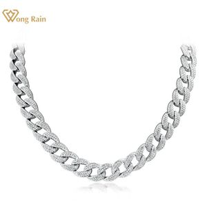 Necklaces Wong Rain Hip Hop 925 Sterling Silver Sapphire High Carbon Diamonds Gemstone 18K Gold Plated Cuban Chain Necklace Fine Jewelry