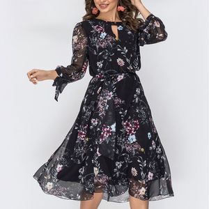 Women Flower Print Chiffon Dresses Fashion O Neck Hollow Out Long Sleeve Dress Female Elegant A Line Party Vestidos