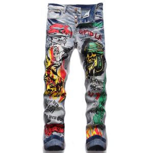 Men's Fashion Punk Trend Retro Blue Hole Slim Stripe Printed Small Foot Personalized Graffiti Jeans P230522