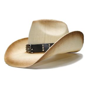 Berretti Retro Beige Moda estiva Donna Uomo Tesa larga Spiaggia di paglia Cowboy Cowgirl Cappello occidentale Teschio Cinturino in pelle 58cmBerretti