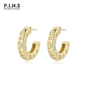 Huggie F.I.N.S Luxury Solid 925 Sterling Silver Gold Earrings Cshaped Hoop Earrings Zircon Moon Star Crystal Wedding Ear Fine Jewelry