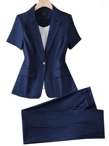 Women's Two Piece Pants Ladies Spring Summer Pant Suit Blazer Women Female Blue Gray Striped Short Sleeve Jacket Trouser Business Work Wear