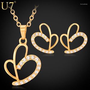 Necklace Earrings Set U7 Heart Women Gift Yellow Gold Color Rhinestone Wedding Jewelry Wholesale S504