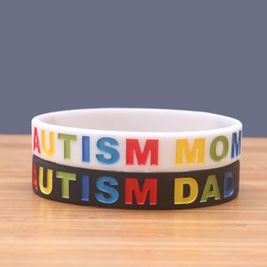 Bangle PBR157(10) "Autism Dad and Mom" Print Black/White Puzzle Pieces Ribbon Autism Awareness Wristband Silicone Rubber Bracelets