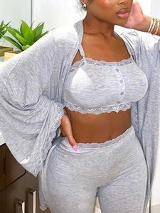 Two Piece Dress Solid lace crocheted bra crop top and tight pants open long jacket set casual women's 3-piece P230522