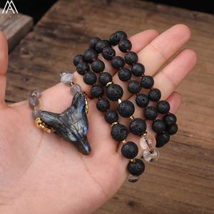 Necklaces Natural Labradorite Stone Wolf Head Pendant 8mm Black Lava White Quartz 108 Prayers Beads Knot Handmade Necklace N0511AMCD