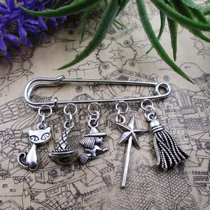 Witch Hat Broom Witch Theme Silver Plated Charm Brooch Gift Birthday