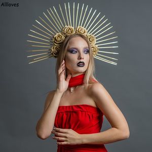 Halo Crown Gold Rose Flowers Cabela a cabeças de noiva celestial Cosplay de deusa Halo Spiked Bride Tiara Face Cadeir Sunburst Virgin Mary Sun Ray Crown Photoshoot Cl2290