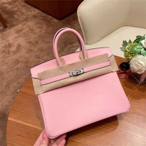 Bag Tote Platinum Home High-End Wax Line Handmade Brand Original äkta läder 25 Milk Shake Powder Silver Buckle Women's