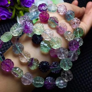 Bangles flower carved 12mm fluorite multicolor bracelet 7.5inch wholesale bead gift nature FPPJ