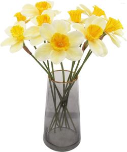 Decorative Flowers 10 Pcs Artificial Daffodil Real Touch Yellowe Narcissus Spring Flower Fake Silk Arrangement(Light Yellow 10)