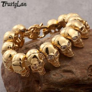 Bangle Gold Plated Stainless Steel 8.6" Large Skull Hand Chain Mens Bracelets For Men Gothic Punk Rock Skeleton Biker Jewelry Polished