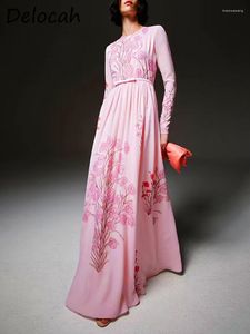 Casual Dresses Delocah High Quality Summer Women Fashion Designer Maxi Long Dress Vintage Romance Print O-Neck Bow Gathered Waist Slim