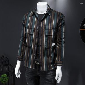 Camisas casuais masculas listradas camisa masculina slim fit single taist taist britânico estilo britânico colar bolsões de colarinho de primavera de manga longa