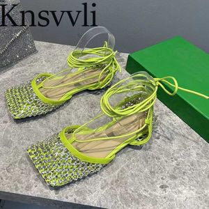 Yaz Kristal Ayakkabı Kadınlar Kare Ayak Ayak Bileği Çapraz Dant-Up Düz Ayakkabı Bayanlar Elbise Parti Ayakkabıları Parlak Rhinestone Sandalet Kadın X230523