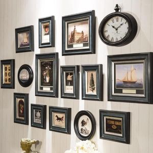 Frames Retro Dark Color Wall Hanging Picture Frame Combination Hallway Sofa Livingroom Po Clock Set Wooden