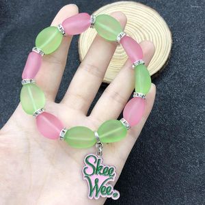 Strand Hand Made Greek Sorority Pink Green Acrylics Frosted Beads Letter Girl Charm Bracelet Jewelry