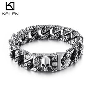 Bracelets Kalen Gothic Men's Bracelet Stainless Steel Charm Cuban Chain Skull Carved Shiny Jewelry